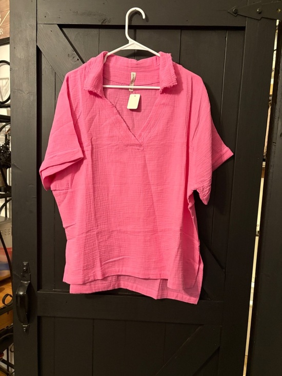 Zenana Outfitters Tops - Zenana Outfitters Pink Relaxed V-Neck Collared Tunic